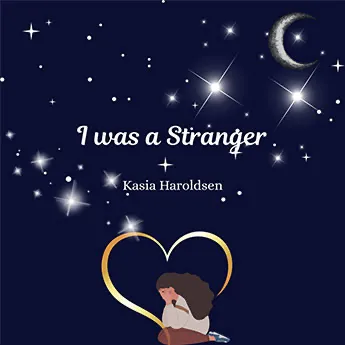 Album art containing a illustration of a girl with her face in her hands with a dark blue background in a starry night with a sliver of a moon for the song 